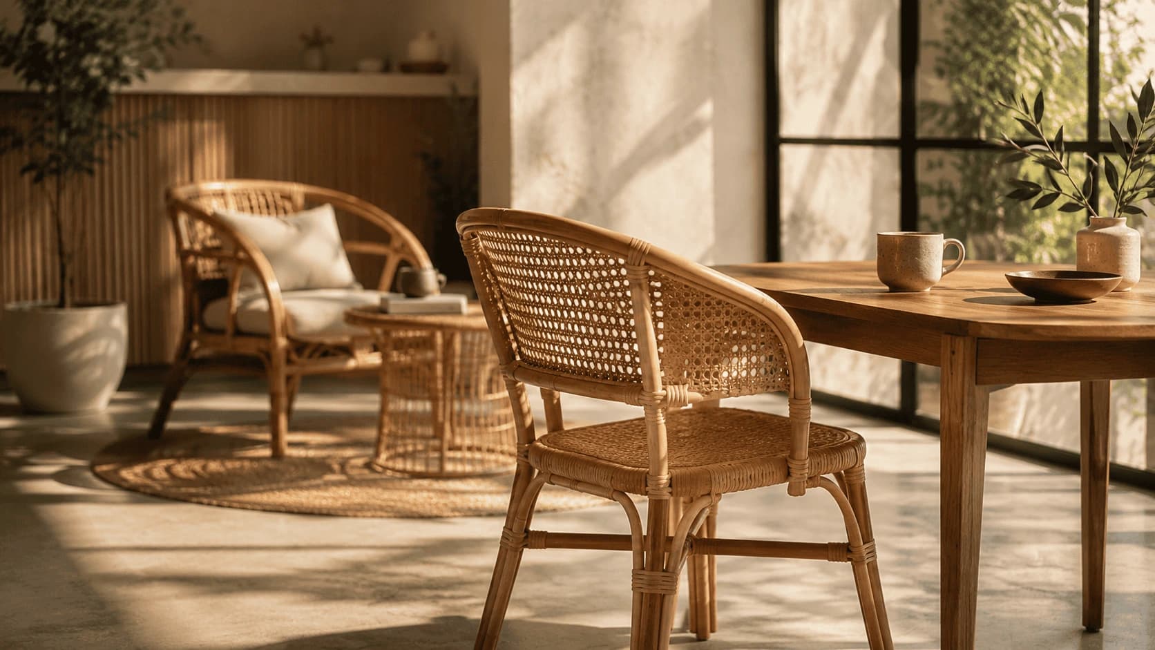 Rattan furniture in a modern living space